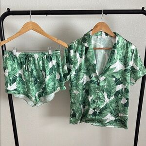 Tropical Leaf Green and White Pajama Set Intimates Sleepwear